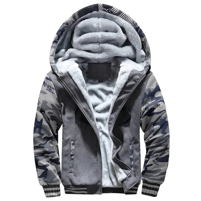 Camouflage Thicken Winter Jacket for Men - Fleece Lined Long Sleeve Coat with Hood, Streetwear Men's Coat