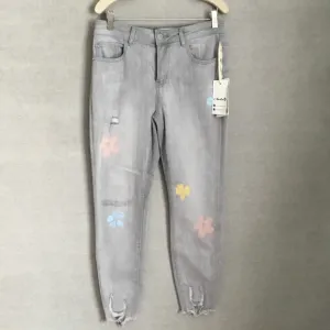 Charlie B Distressed Gray Flower Denim Skinny Jeans, New With Tags Size 8