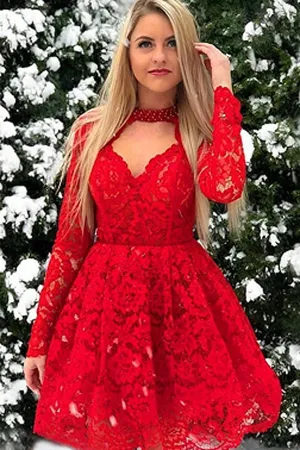 Cheap Lace Red Chic Long-Sleeves A-Line Homecoming Dresses,MH444