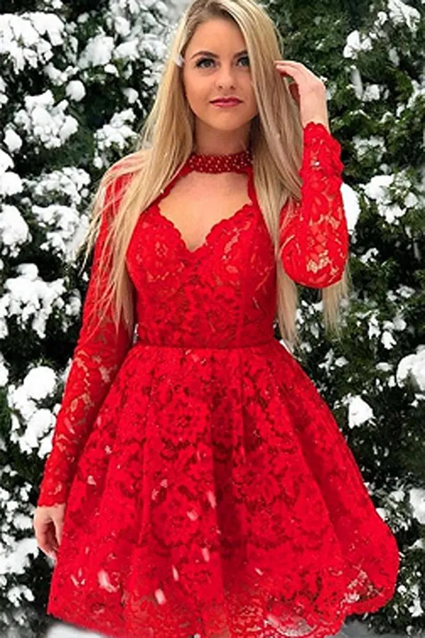Cheap Lace Red Chic Long-Sleeves A-Line Homecoming Dresses,MH444