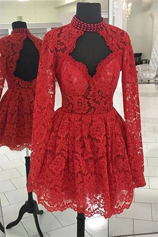 Cheap Lace Red Chic Long-Sleeves A-Line Homecoming Dresses,MH444
