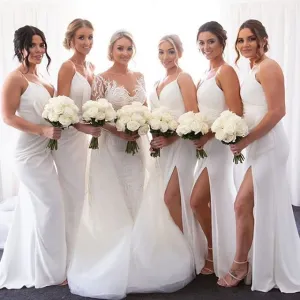 Cheap Mermaid White Bridesmaid Dresses Split Spaghetti Straps