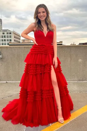 Cheap Red Tulle Prom Dresses 2025 V Neck Spaghetti Straps Long Formal Dresses