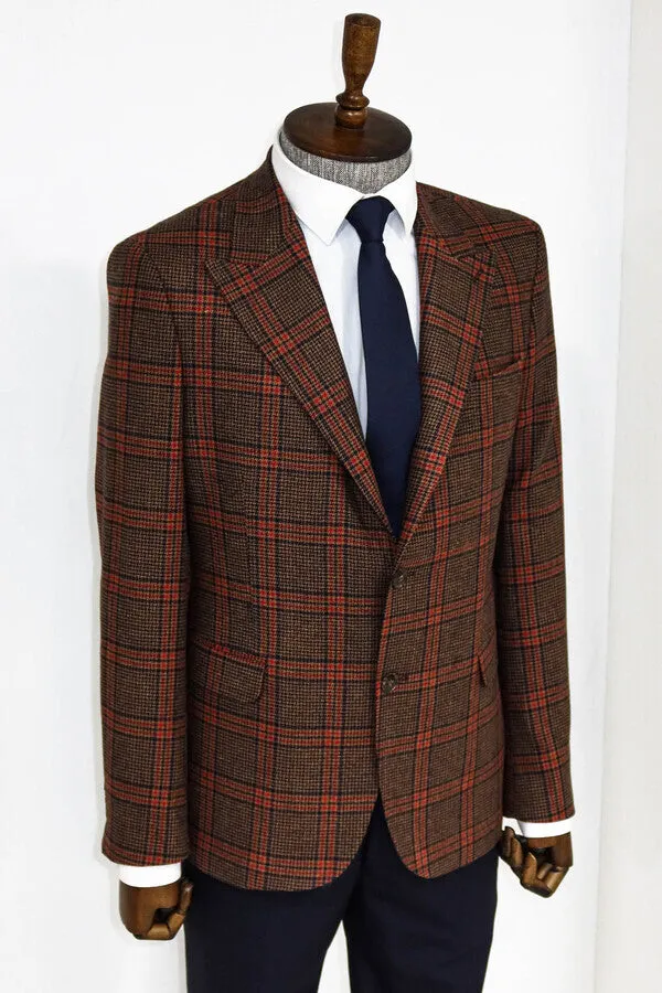 Checked Brown Men Blazer - Wessi