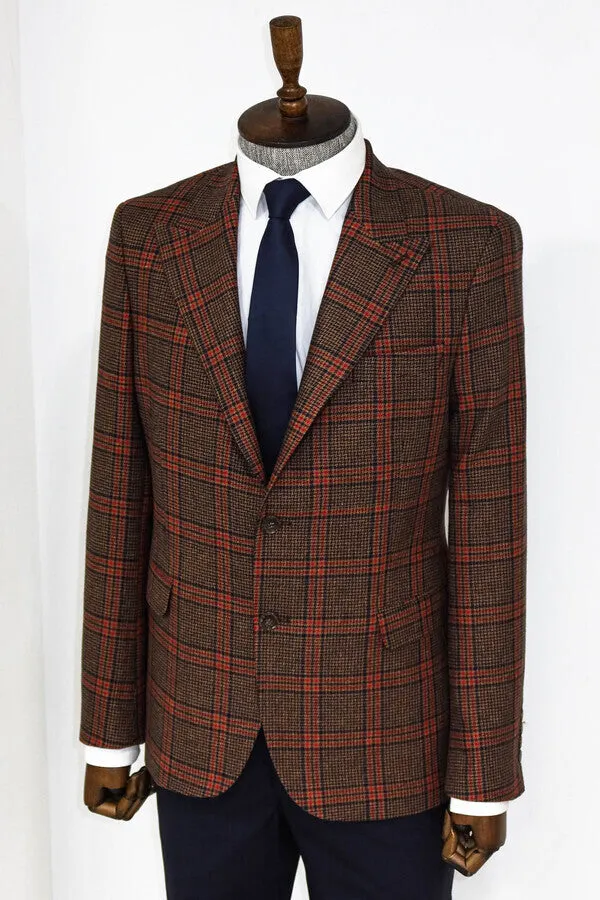 Checked Brown Men Blazer - Wessi