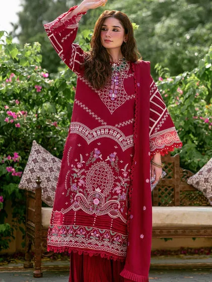Cherry Red Embroidered Pakistani Crushed Sharara kameez with Dupatta