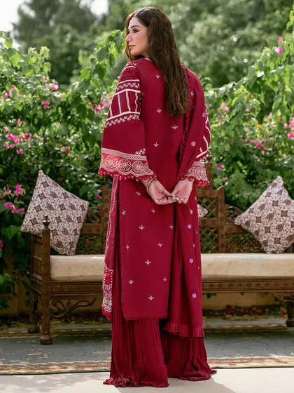 Cherry Red Embroidered Pakistani Crushed Sharara kameez with Dupatta