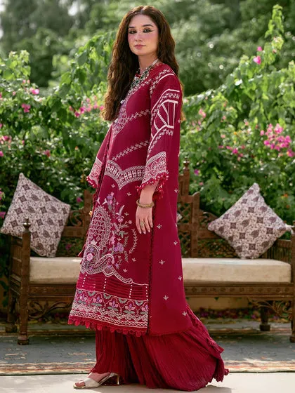 Cherry Red Embroidered Pakistani Crushed Sharara kameez with Dupatta