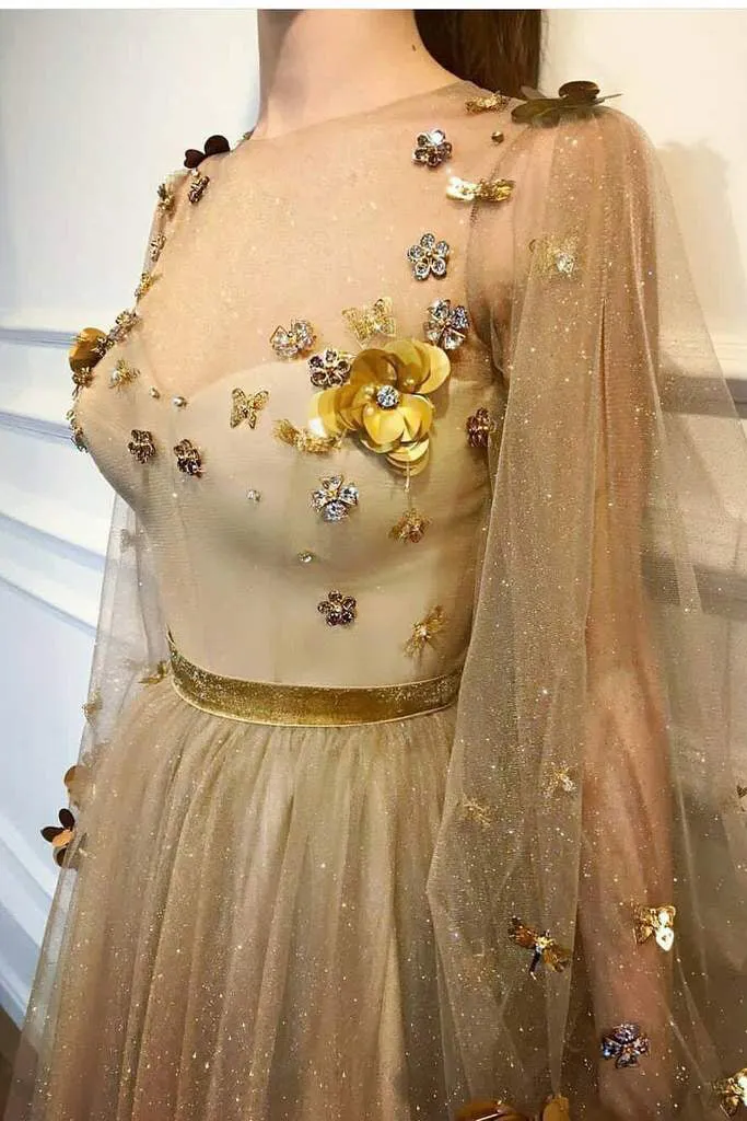 Chic A-line Scoop Floor Length Long Sleeves Applique Long Tulle Prom Dresses Evening Dresses OHC275