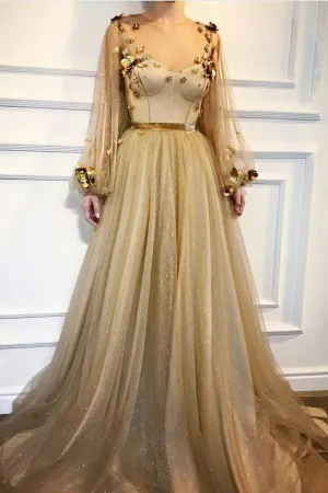 Chic A-line Scoop Floor Length Long Sleeves Applique Long Tulle Prom Dresses Evening Dresses OHC275
