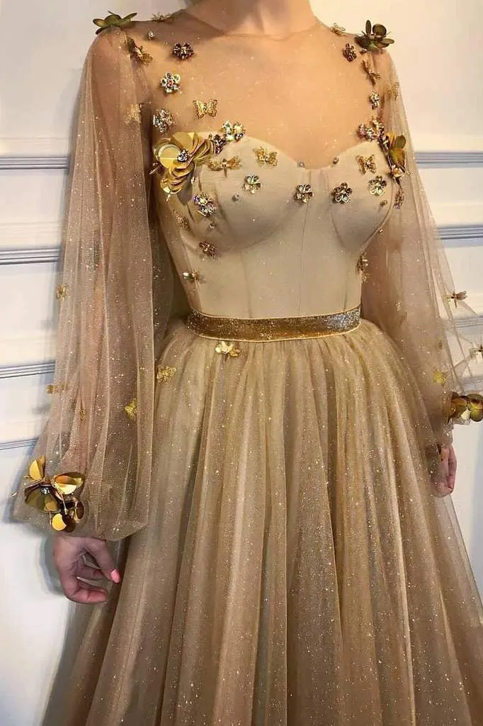 Chic A-line Scoop Floor Length Long Sleeves Applique Long Tulle Prom Dresses Evening Dresses OHC275