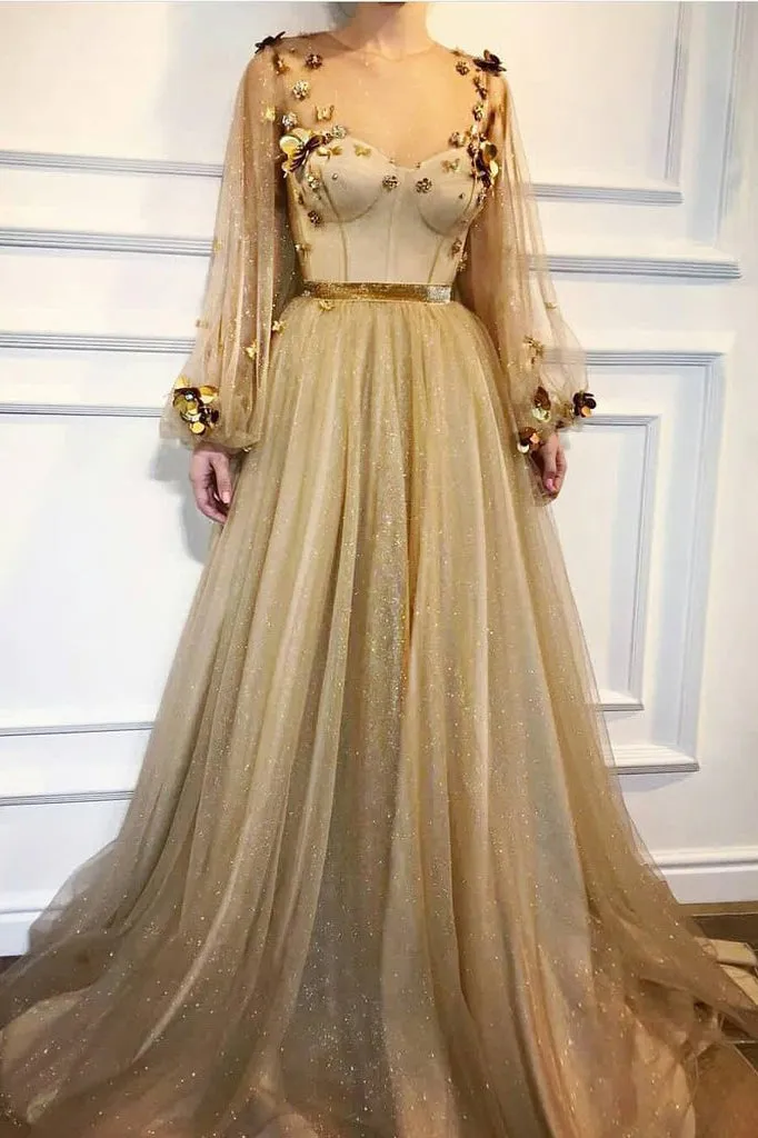 Chic A-line Scoop Floor Length Long Sleeves Applique Long Tulle Prom Dresses Evening Dresses OHC275