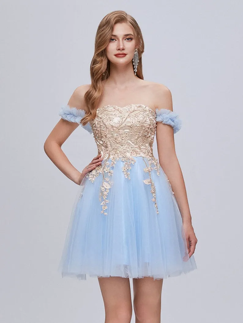 Chic Blue Off The Shoulder Lace Appliques Tulle Homecoming Dresses