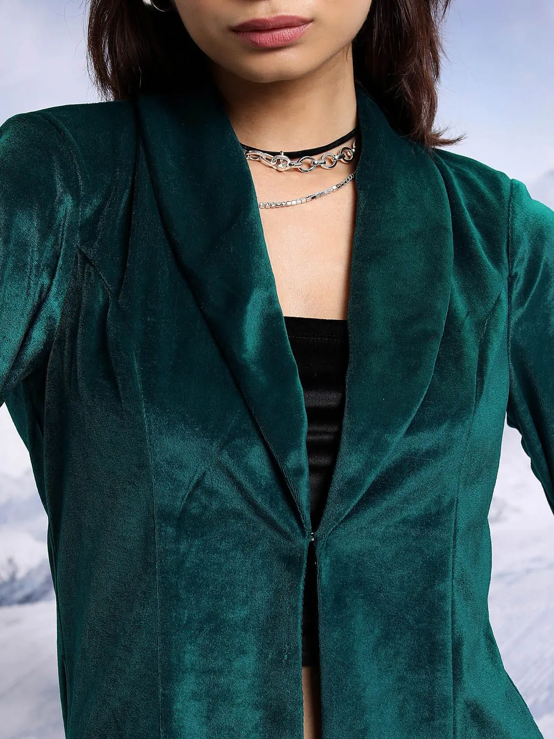 CHIC BY TOKYO TALKIES Teal Velvet Single Breasted Blazers