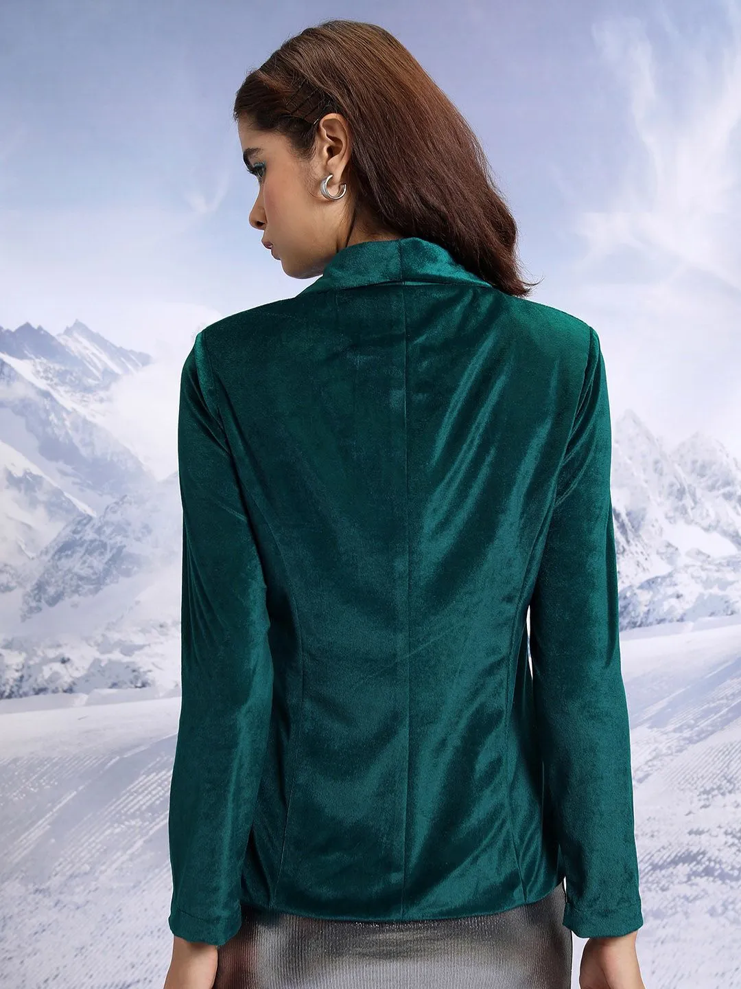 CHIC BY TOKYO TALKIES Teal Velvet Single Breasted Blazers