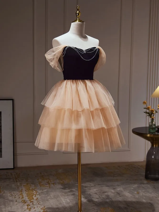 Chic Champagne Off The Shoulder Beading Tulle Short Homecoming Dresses