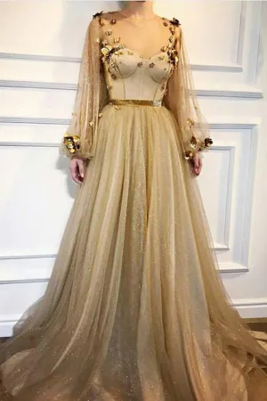 Chic Long Prom Dresses Floral Applique Golden Rhinestone Evening Dress,MP491