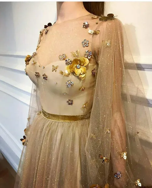 Chic Long Prom Dresses Floral Applique Golden Rhinestone Evening Dress,MP491