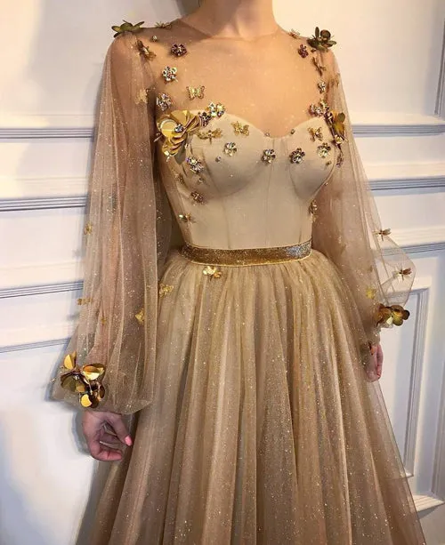 Chic Long Prom Dresses Floral Applique Golden Rhinestone Evening Dress,MP491