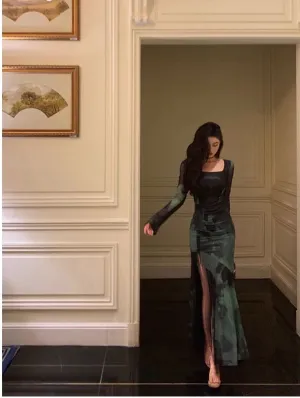 Chic Sheath Square Neckline Long Sleeves Green Long Prom Dresses Birthday Dress         fg7033