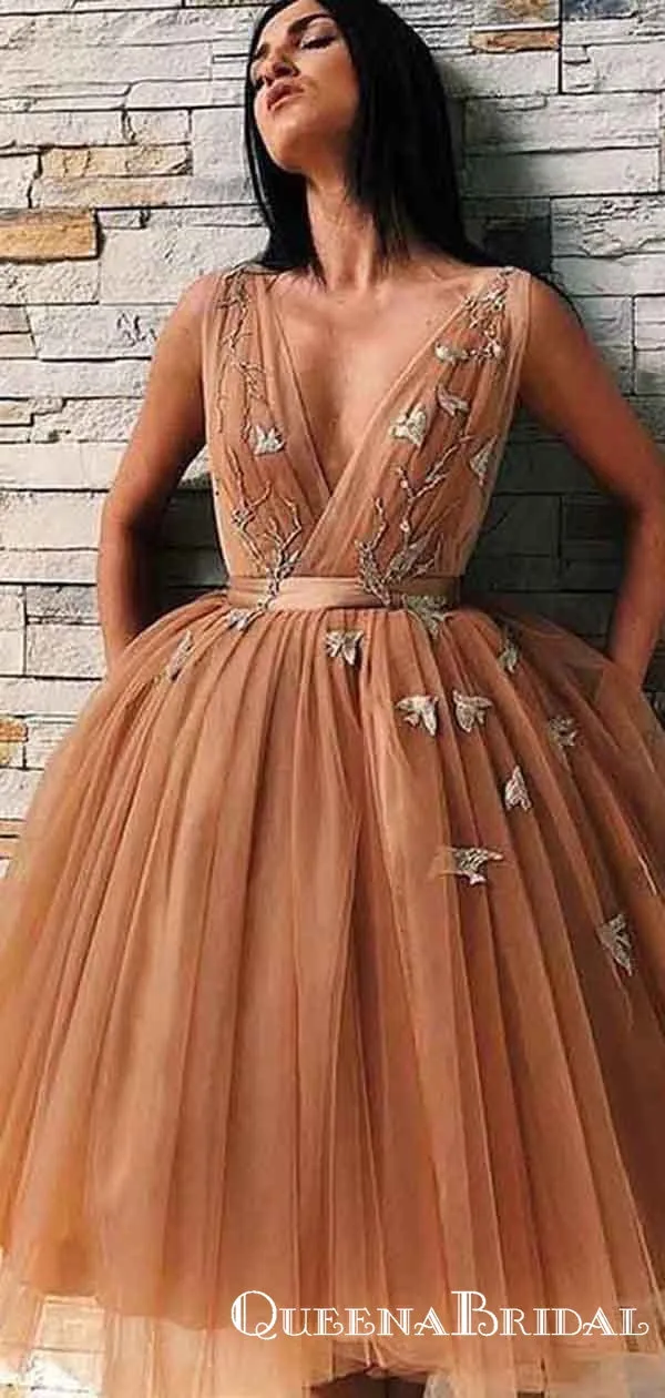Chic V-Neck Sleeveless Brown Tulle Short Homecoming Dresses With Applique, QB0836