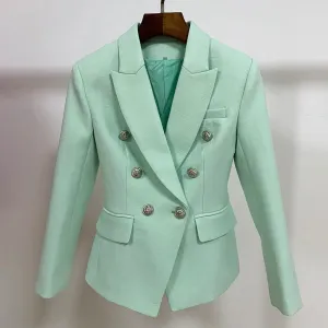 Classic Baroque Designer Jacket Women's Metal Lion Buttons Double Breasted Textured Blazer Mint Green