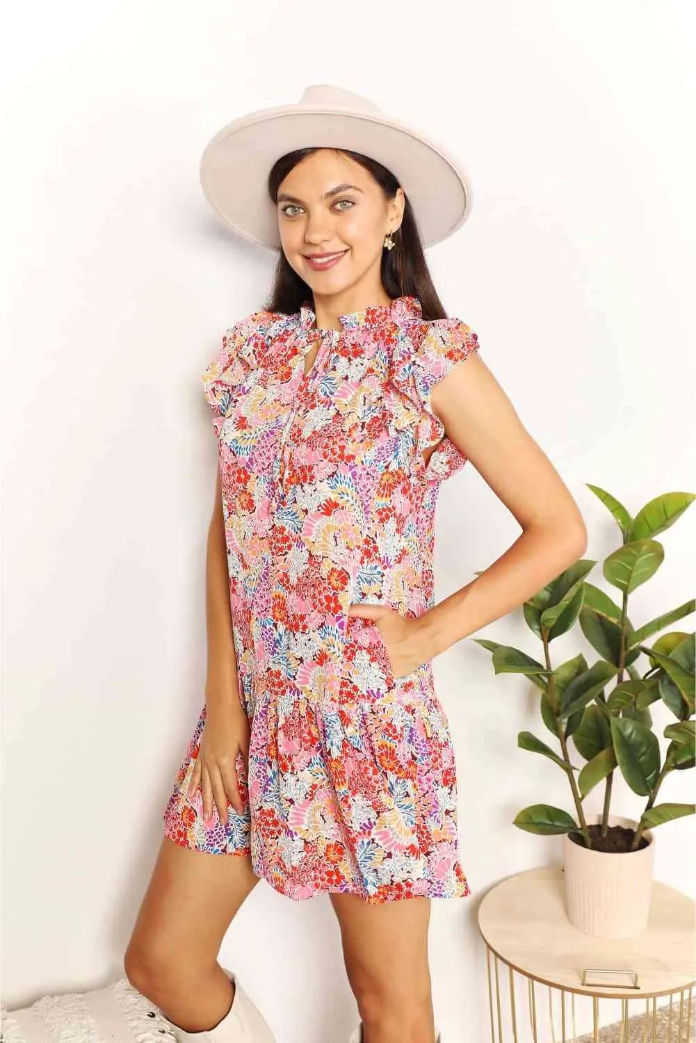 Colbie Floral Tie Neck Cap Sleeve Dress