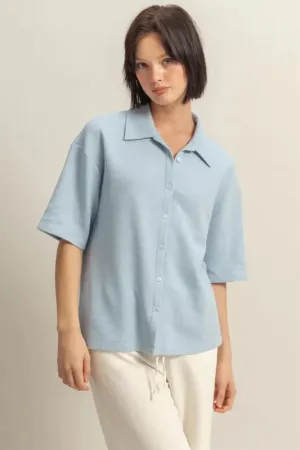 Collared Neck Button Down Waffle Shirt For Women – Textured Casual Comfortable Waffle Button-Up with Relaxed Fit and Everyday Versatility