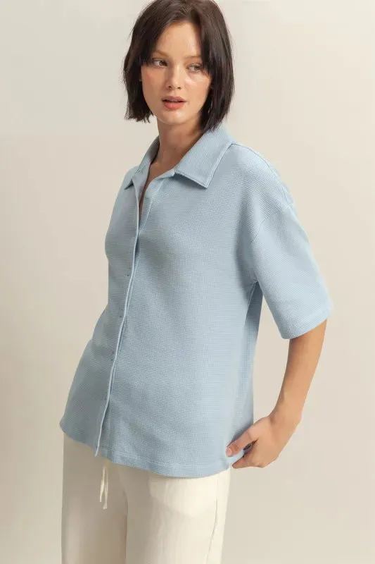 Collared Neck Button Down Waffle Shirt For Women – Textured Casual Comfortable Waffle Button-Up with Relaxed Fit and Everyday Versatility