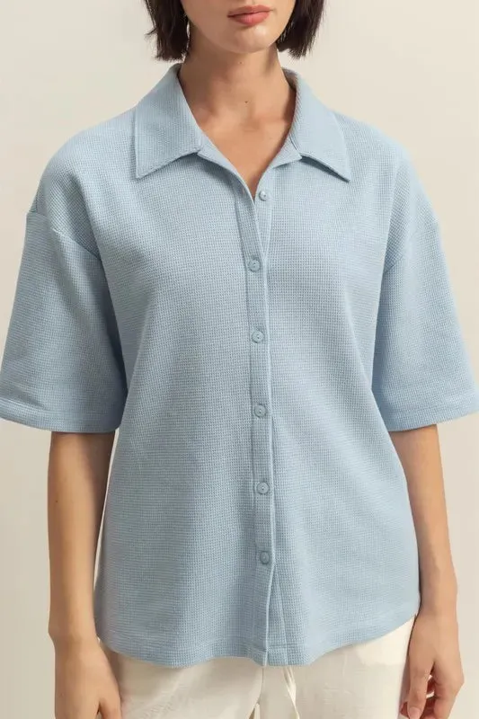 Collared Neck Button Down Waffle Shirt For Women – Textured Casual Comfortable Waffle Button-Up with Relaxed Fit and Everyday Versatility
