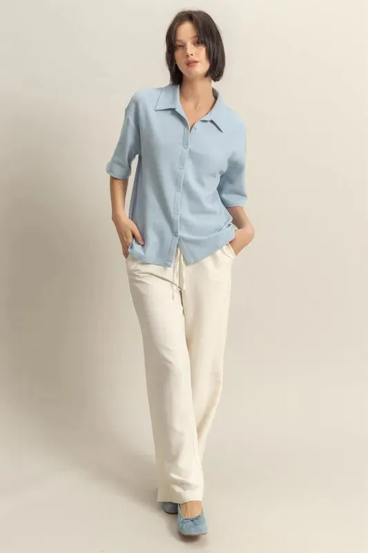 Collared Neck Button Down Waffle Shirt For Women – Textured Casual Comfortable Waffle Button-Up with Relaxed Fit and Everyday Versatility