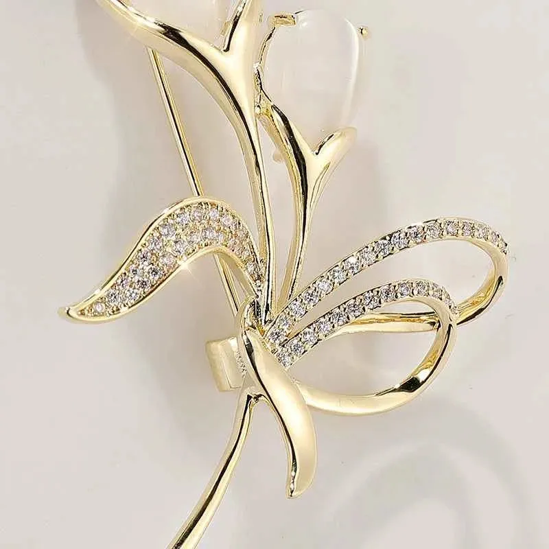 Copper Zircon Tulip Cat’s Eye Stone Brooch Pin