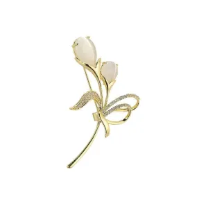 Copper Zircon Tulip Cat’s Eye Stone Brooch Pin