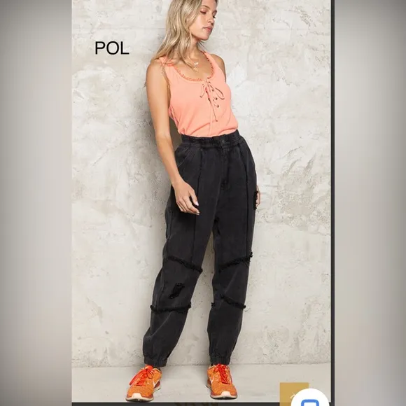 COPY - BPB5🖤NEW! POL playtime in black jean joggers w/elastic waist distressing…