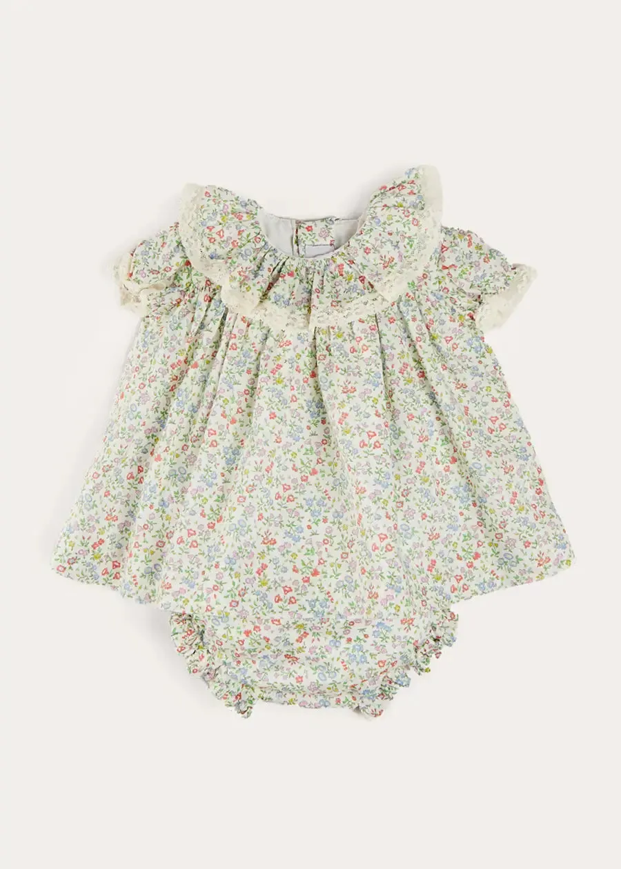 Cordelia Floral Ruffle Collar Short Sleeve Dress in Green Made with Liberty Fabric