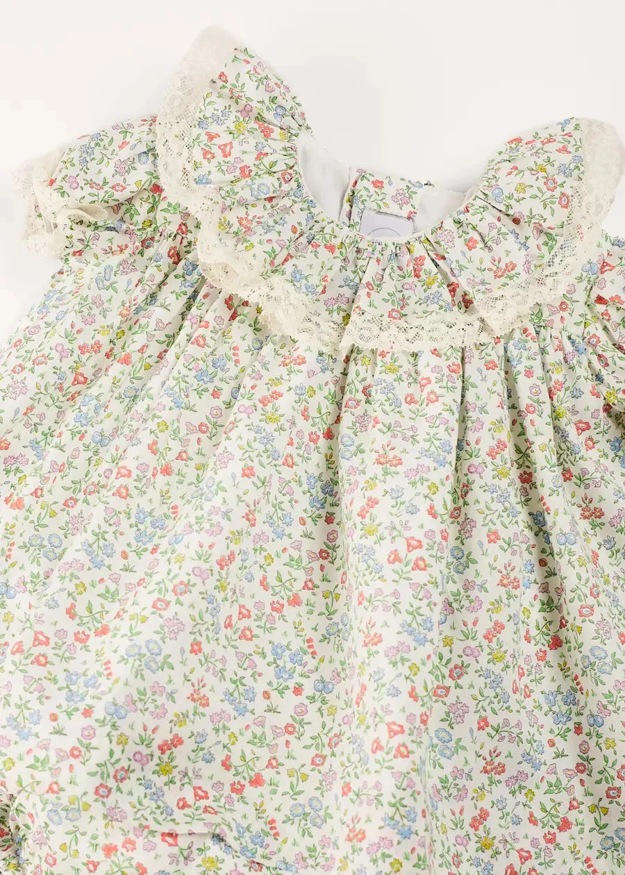 Cordelia Floral Ruffle Collar Short Sleeve Dress in Green Made with Liberty Fabric
