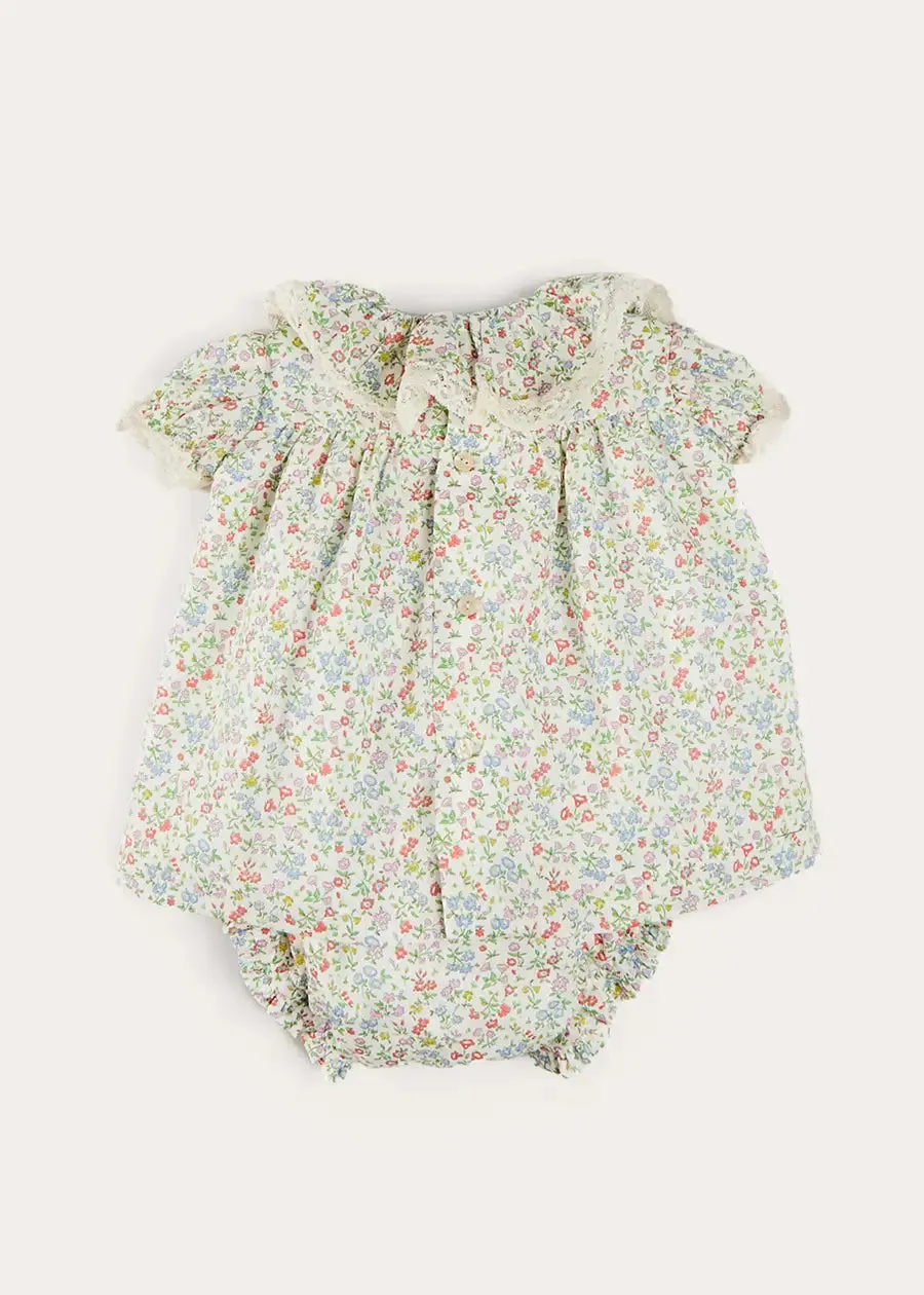 Cordelia Floral Ruffle Collar Short Sleeve Dress in Green Made with Liberty Fabric