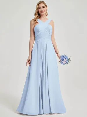 Cornflower Blue V-Neck A-Line Floor Length Chiffon Bridesmaid Dresses