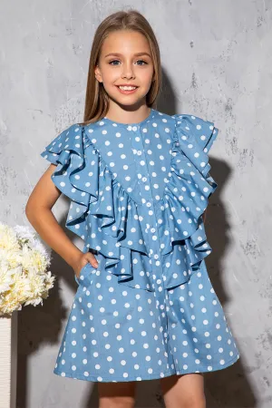 Cotton denim look dress with white dots, big frills and side pockets