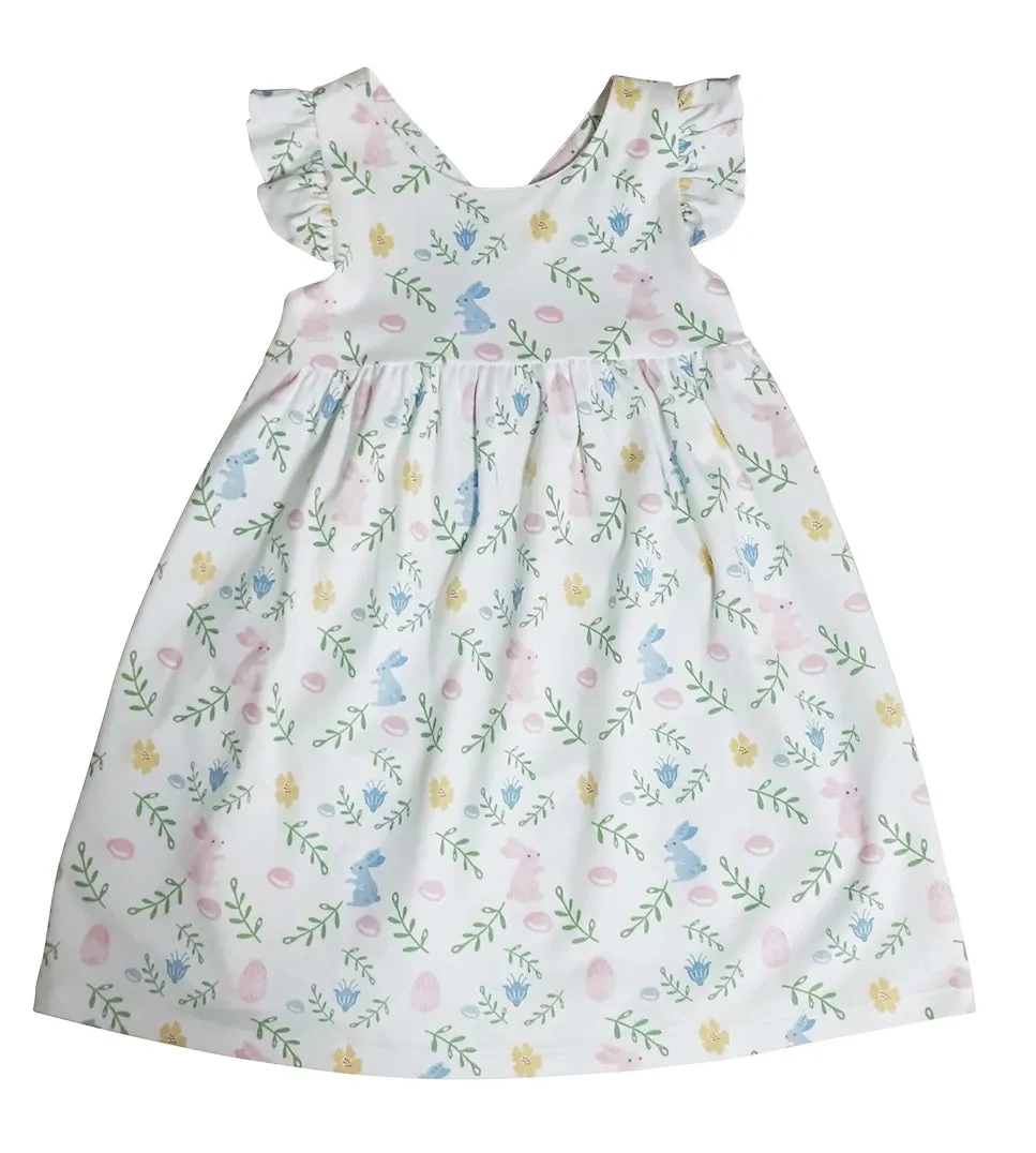 Criss-Cross Back Girl's Dress Easter Floral with Bunnies