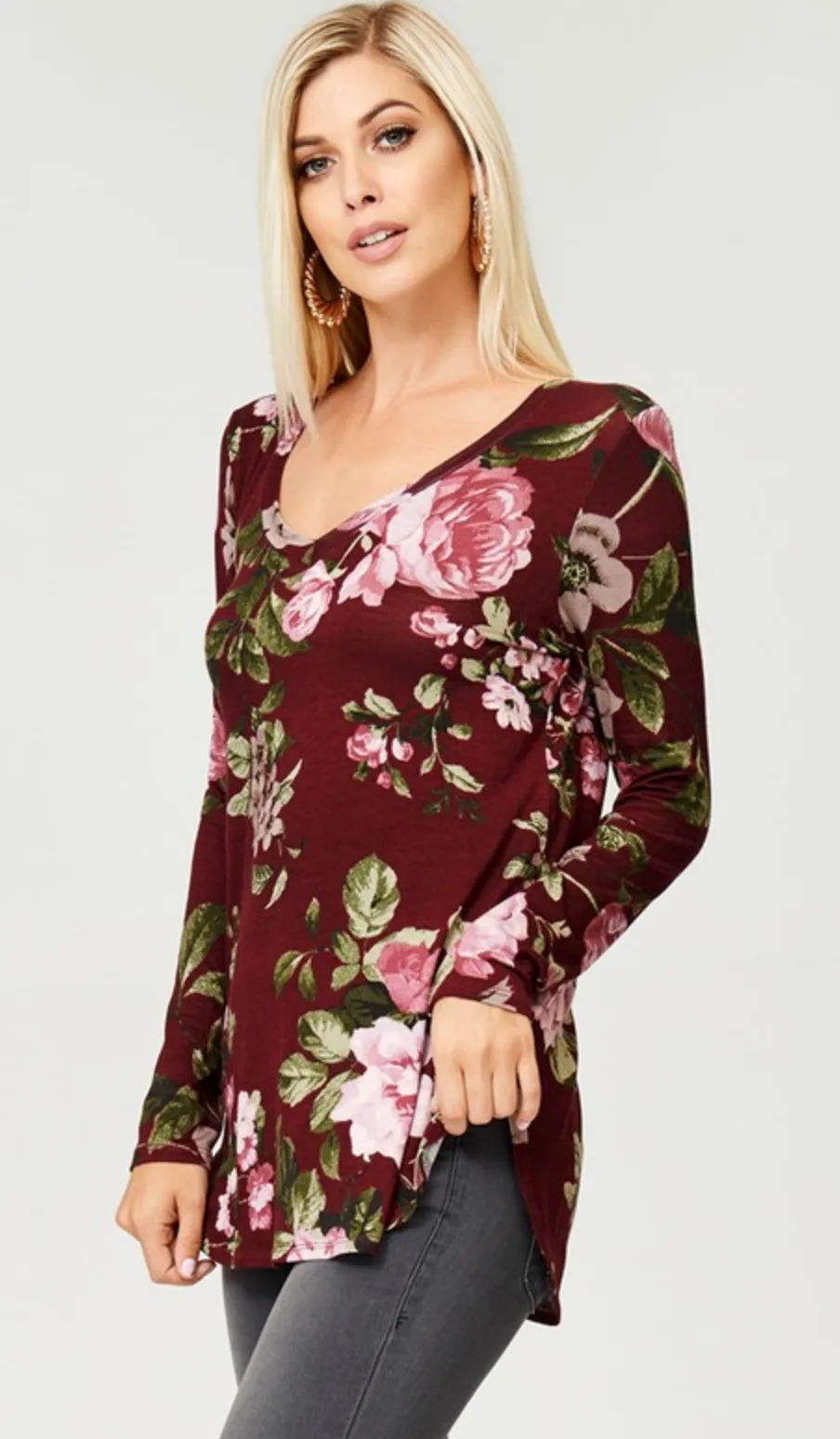 Curvy Floral V-Neck Long Sleeve Top - Burgundy
