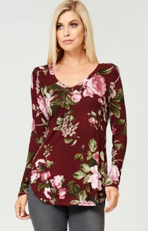 Curvy Floral V-Neck Long Sleeve Top - Burgundy