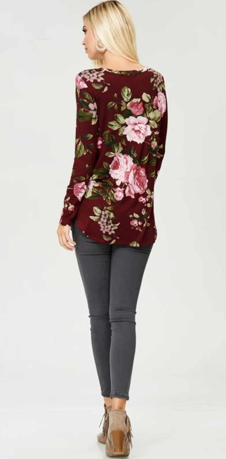 Curvy Floral V-Neck Long Sleeve Top - Burgundy