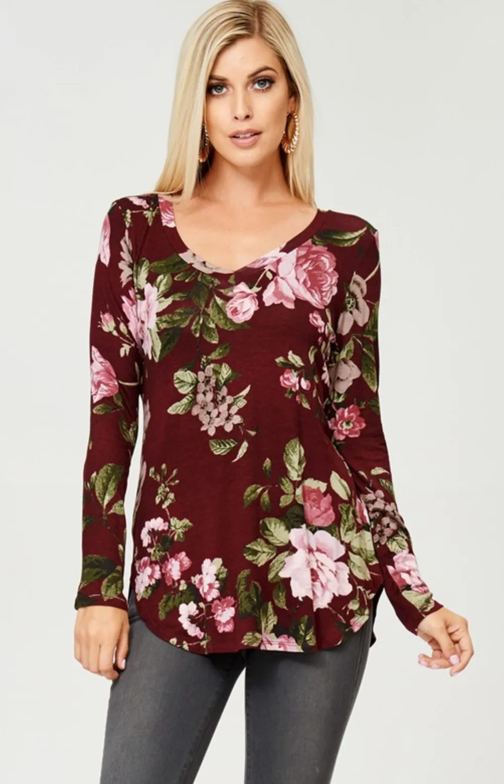 Curvy Floral V-Neck Long Sleeve Top - Burgundy