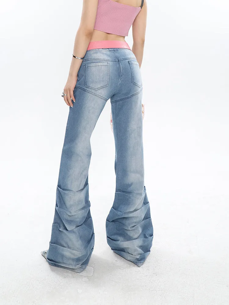 Cutout Pleated Flared Jeans