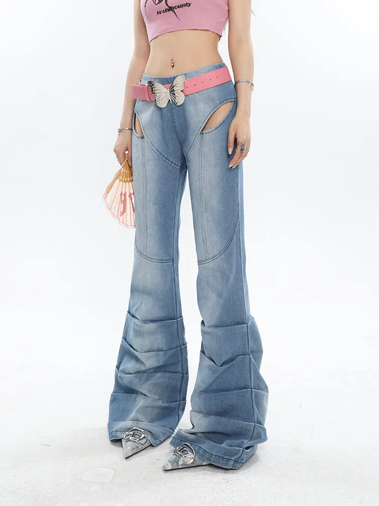 Cutout Pleated Flared Jeans