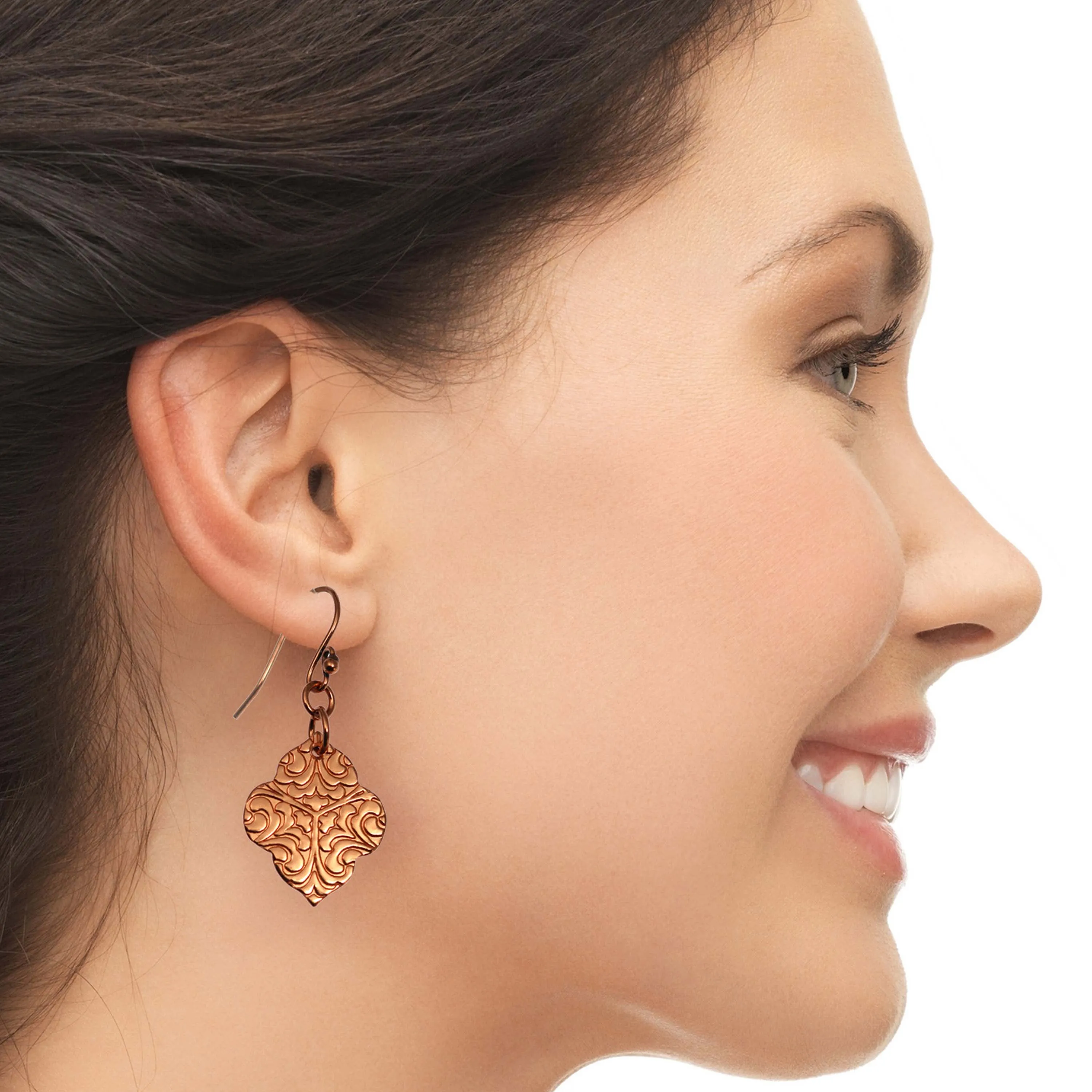 Damask Embossed Copper Quatrefoil Drop Earrings