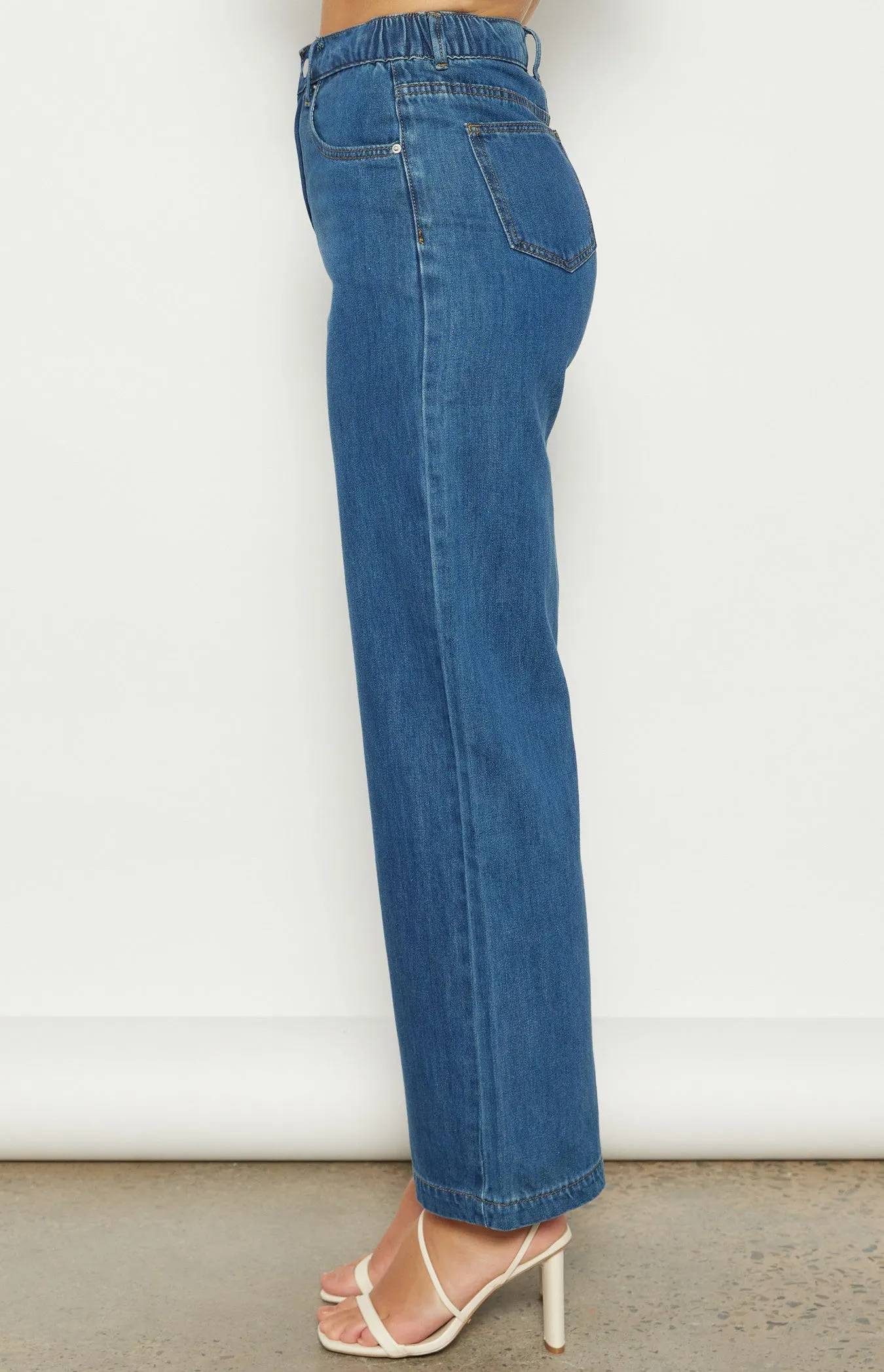 Denim Straight Leg Pant with Elastic Waist Detail