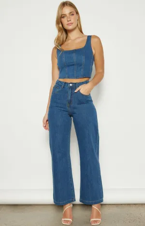 Denim Straight Leg Pant with Elastic Waist Detail