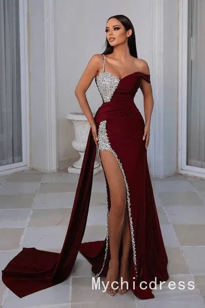 Discount 2024 Crystals Satin Emerald Green Prom Dresses Mermaid One Shoulder